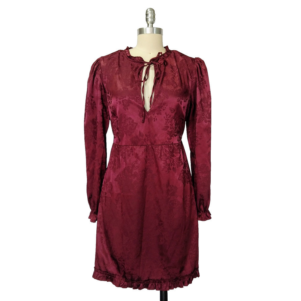 Y2K Speechless Satin Dress Size L Burgundy Damask Whimsygoth Tie Neck Romantic